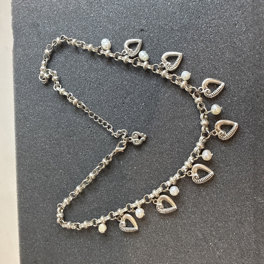 VTG Silver Heart Charm Necklace with White Pearl Beads Chunky Link Chain Jewelry